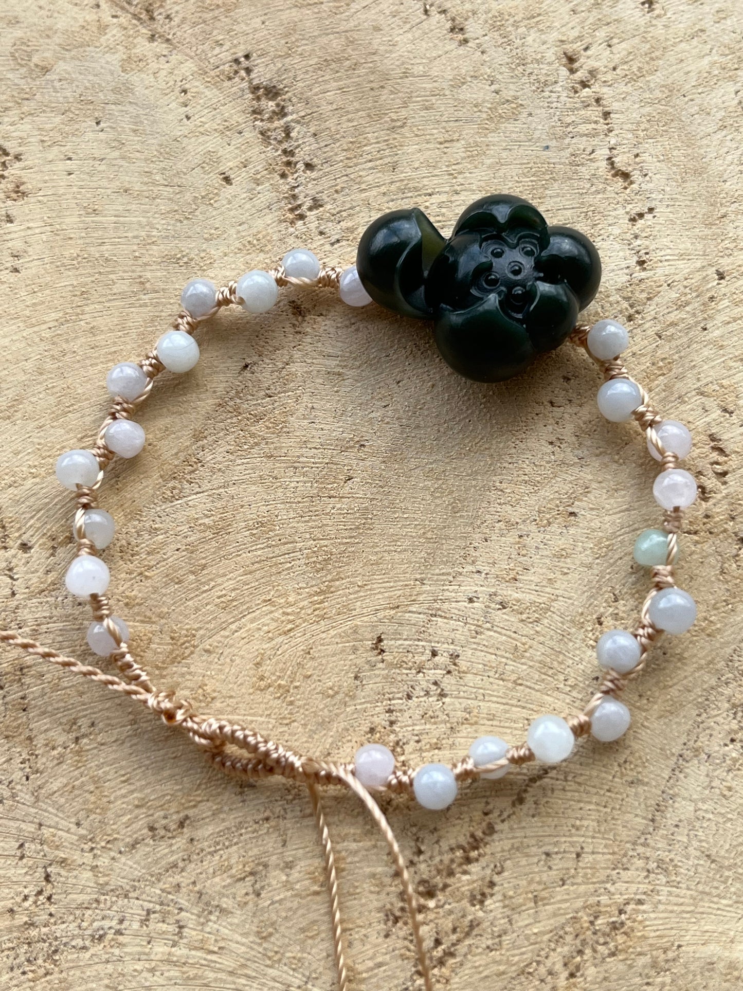 Handmade Bracelet with a Dark Cyan Hetian Jade Lotus | 手编和田青玉一细小荷花手牌