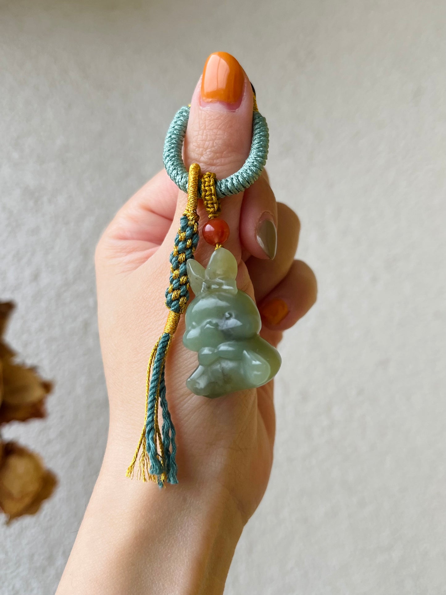 Handmade Bag Charm with a Super Cute Hand Carved Blue Hetian Jade Rabbit