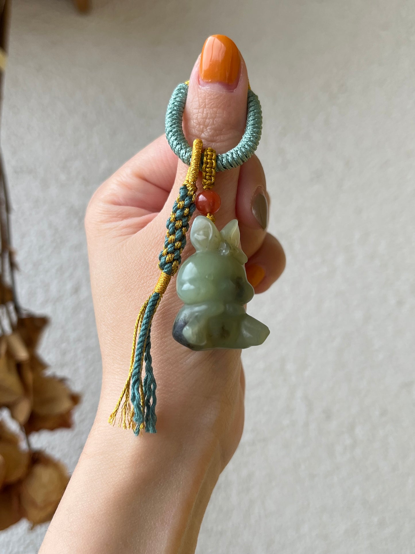 Handmade Bag Charm with a Super Cute Hand Carved Blue Hetian Jade Rabbit