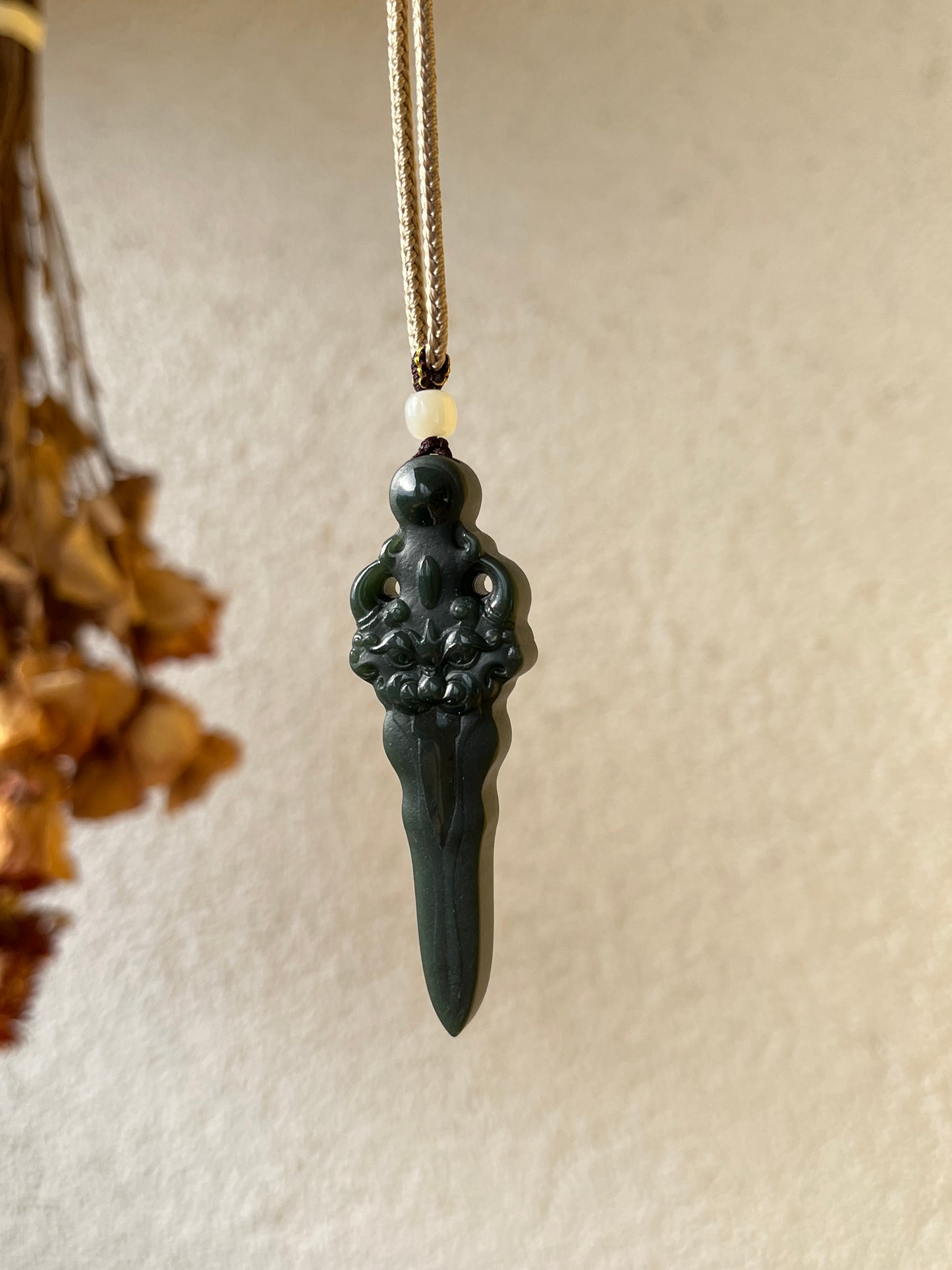 Carved Dark Cyan Hetian Jade Pixiu Sword Pendant, 青玉细料貔貅剑