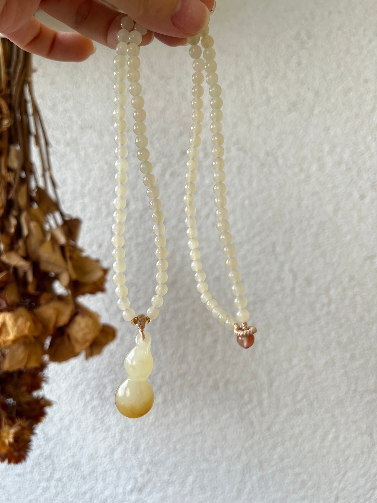 Necklace Crafted from White and Brown Hetian Jade Hulu and 5mm White Hetian Jade Beads