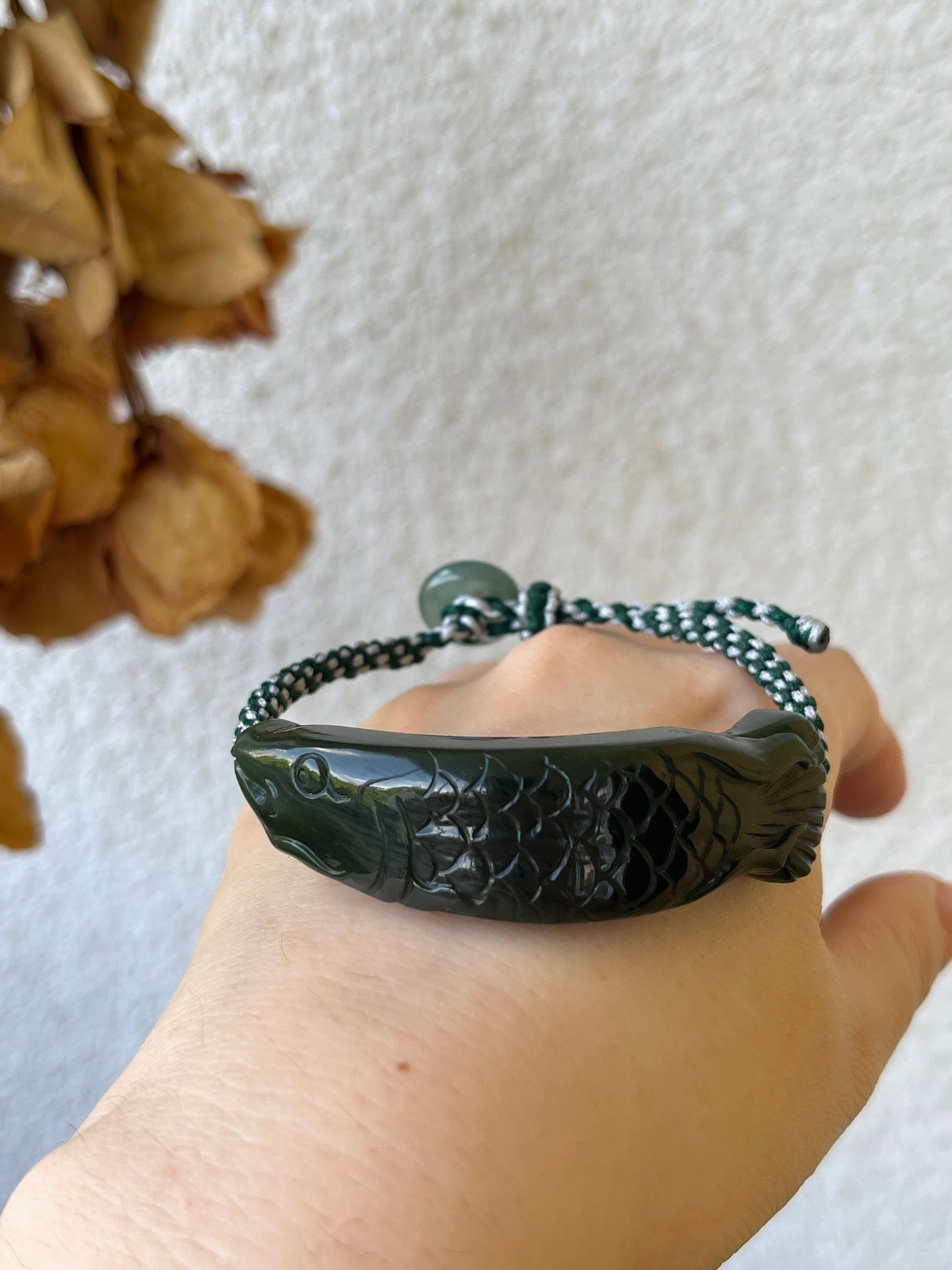 Handmade Bracelet with a Hand Carved Dark Green Hetian Jade Fish Pendant，碧玉红皮老料鱼手牌