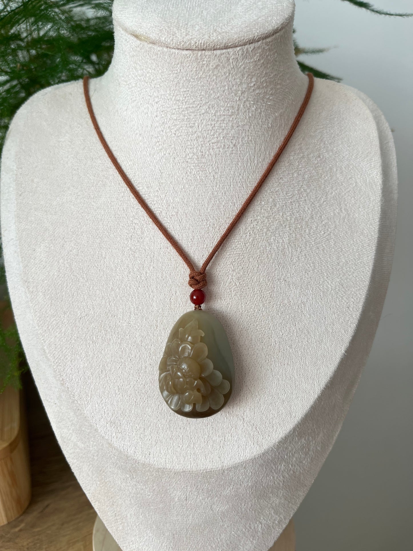 Hand Carved Blue and Brown Hetian Jade Peony Flower Pendant