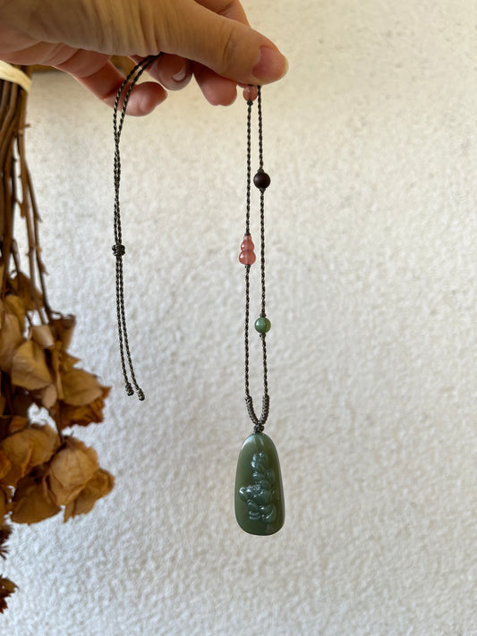 Hand Carved Green Hetian Jade Peony Flower Pendant | 手雕粉青牡丹牌