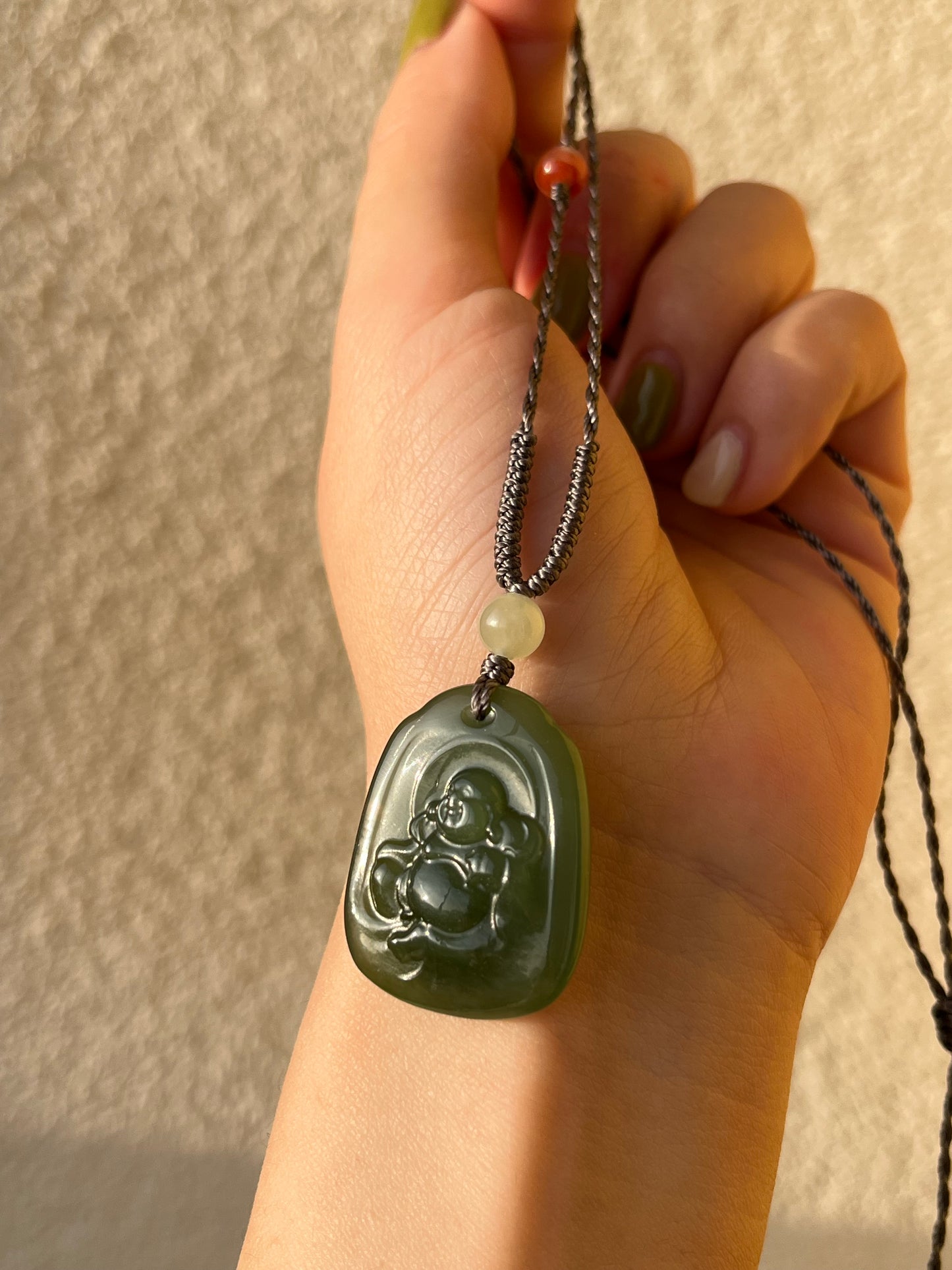 Handmade Necklace with A Hetian Green Jade Happy Buddha Pendant，和田湖水绿逍遥佛