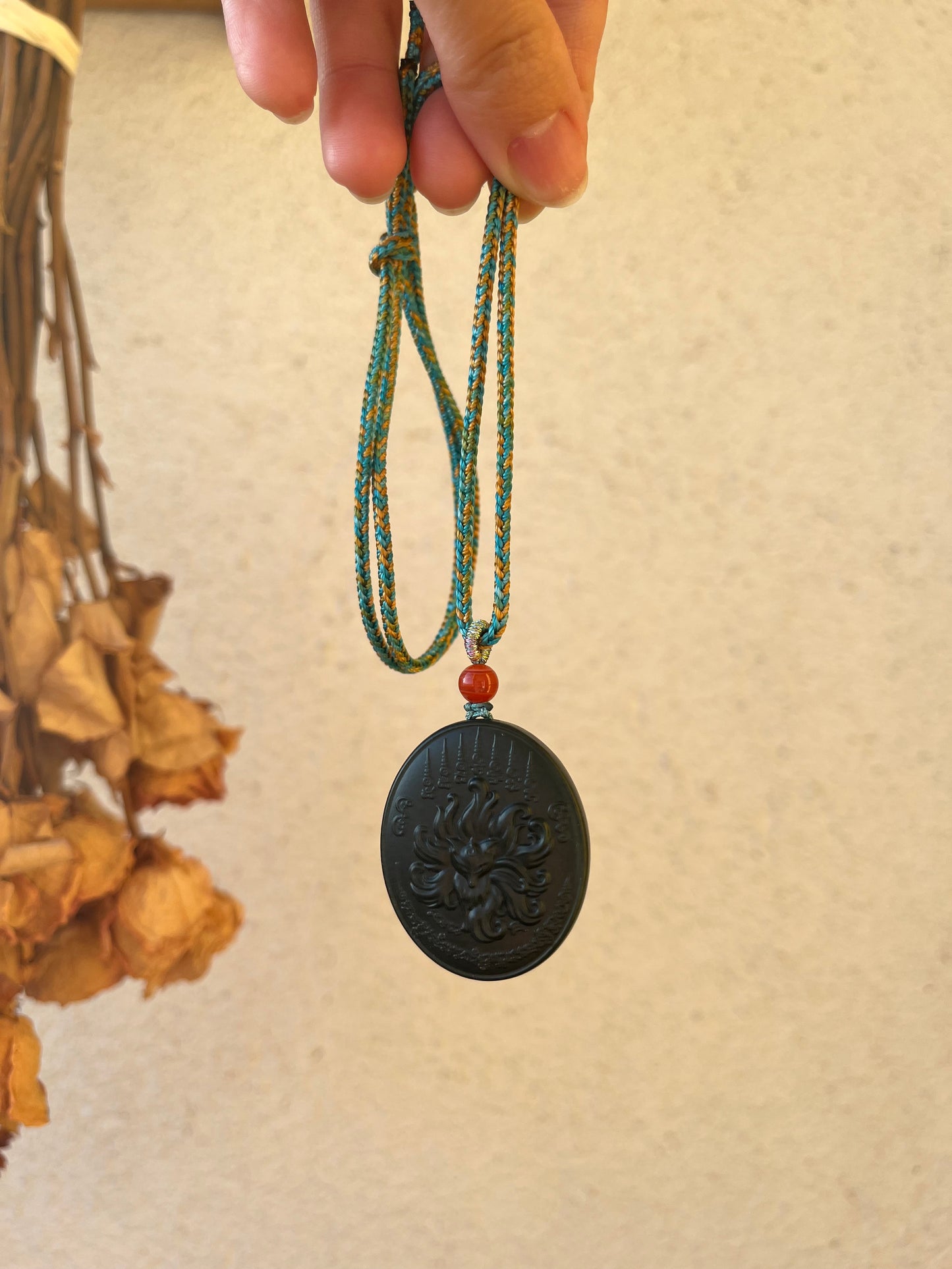 Carved Dark Cyan Hetian Jade Nine-Tailed Fox Pendant, 青玉九尾狐