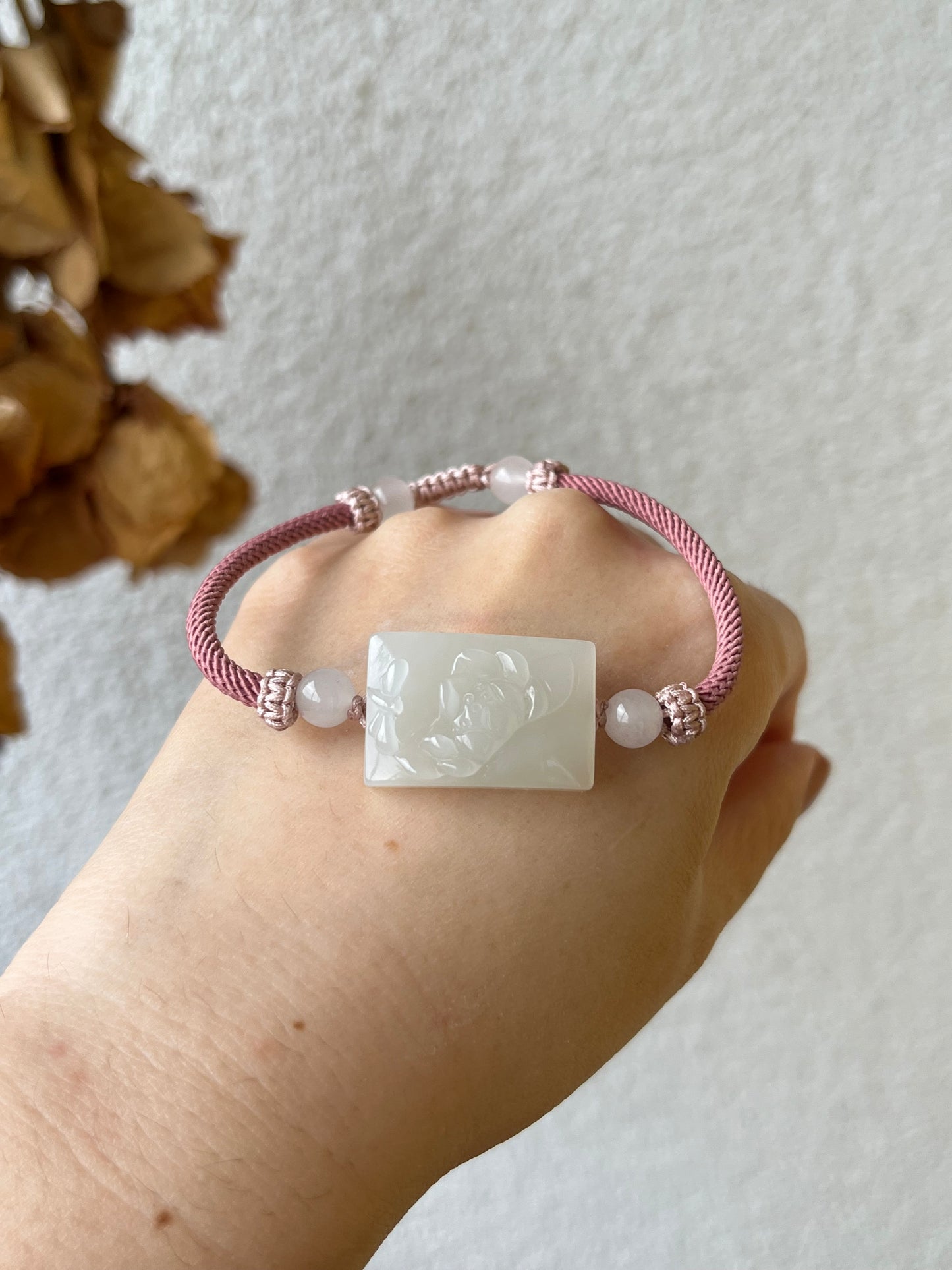 Handmade Bracelet Crafted from a Hand Carved White Hetian Jade Lotus and dragonfly Pendant