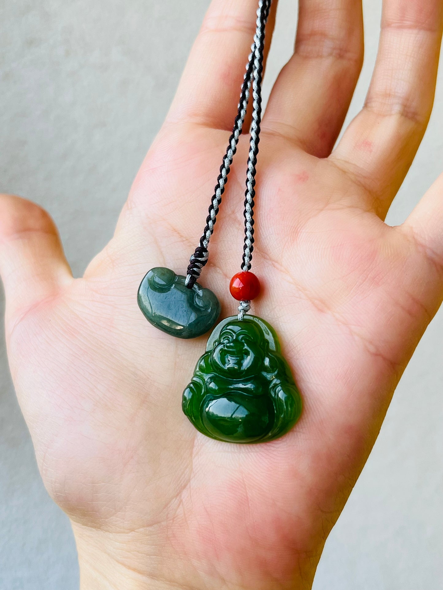 Handmade Green Hetian Jade Maitreya Buddha Bag Charm, 无黑点碧玉佛公包挂