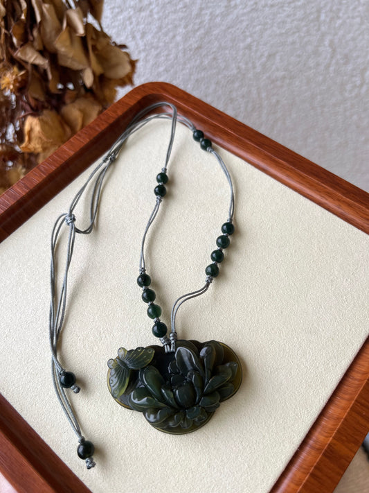 Hand Carved Tea Green Xiu Jade Peony and Butterfly Ruyi Pendant