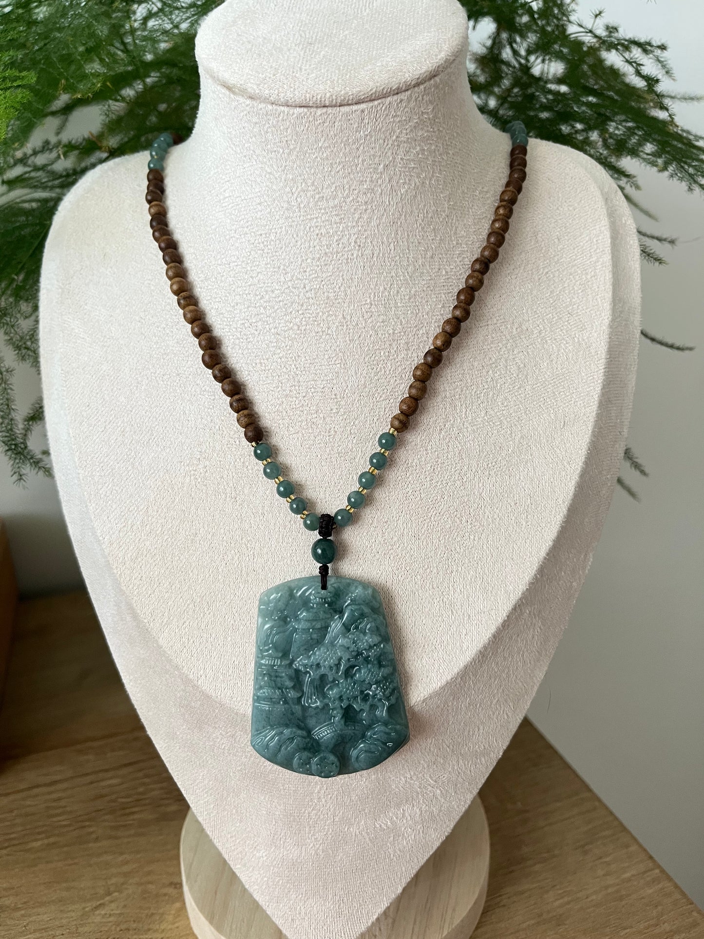 Handmade Necklace with Blue Jadeite Landscape Pendant and Agarwood Beaded (5mm) Cord