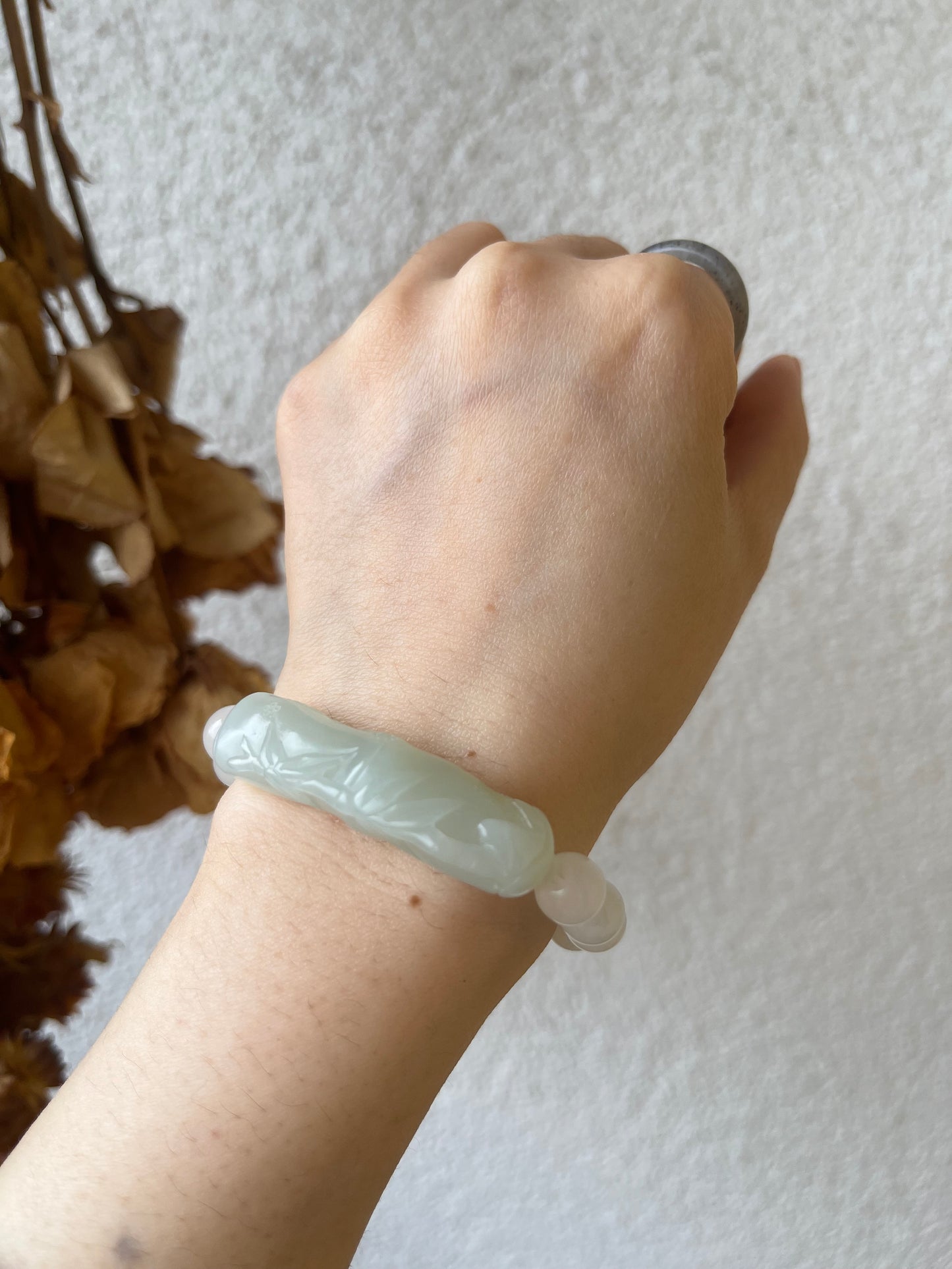 Hand Carved Bluish White Hetian Jade Bamboo Bracelet