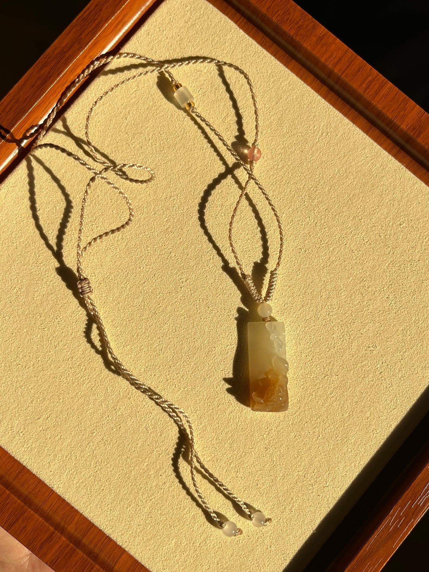 Hand Carved Brown and White Hetian Jade Lotus and  Dragonfly | 手雕糖白和田玉荷花蜻蜓吊坠