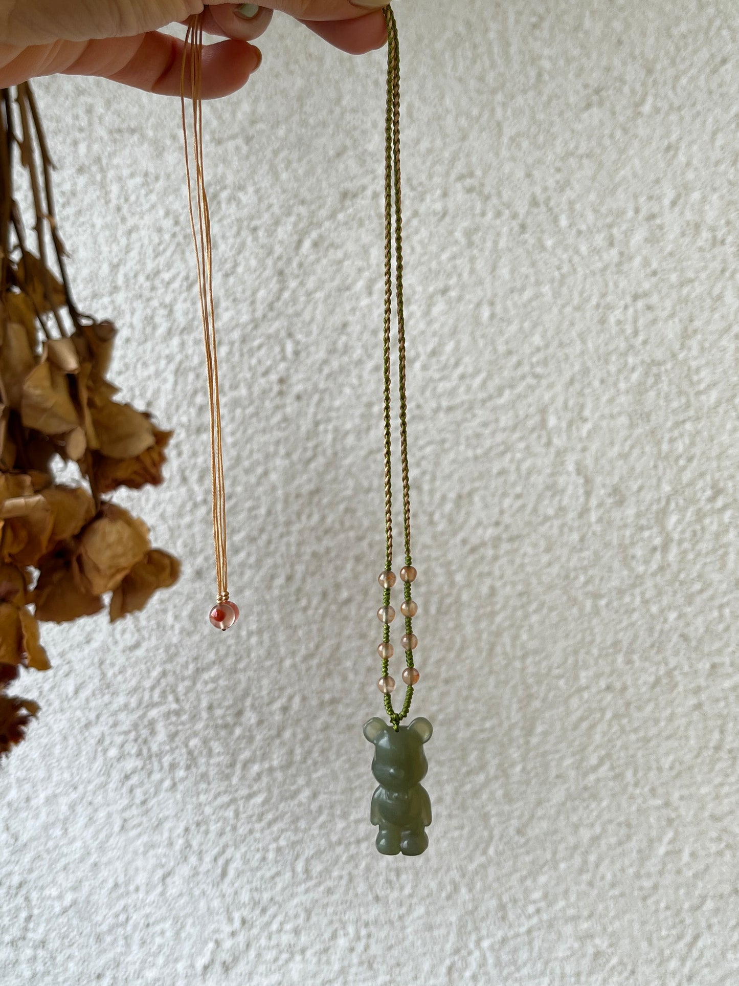 Cute Handmade Necklace with a Green Hetian Jade Bear Pendant