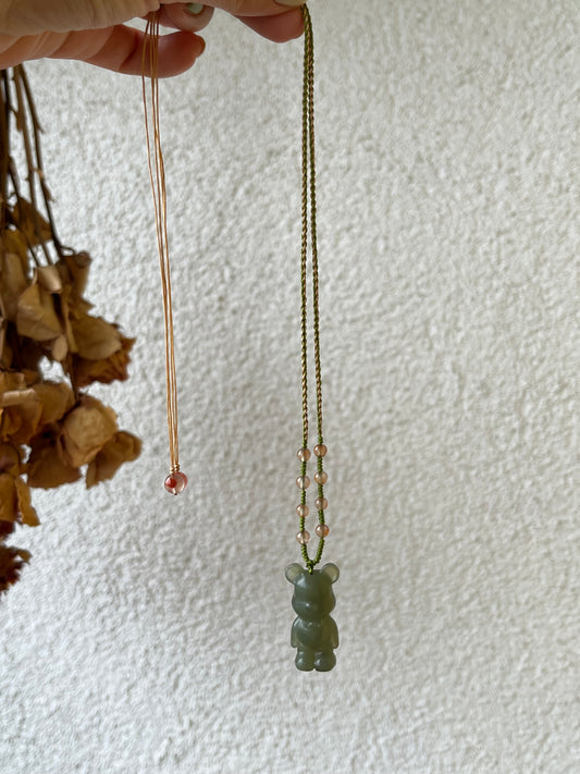 Cute Handmade Necklace with a Green Hetian Jade Bear Pendant