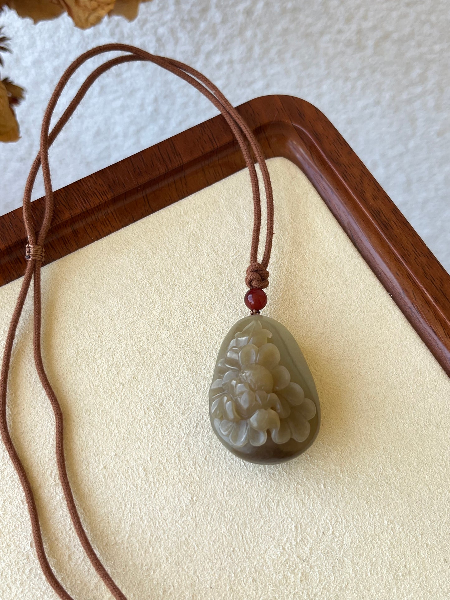Hand Carved Blue and Brown Hetian Jade Peony Flower Pendant