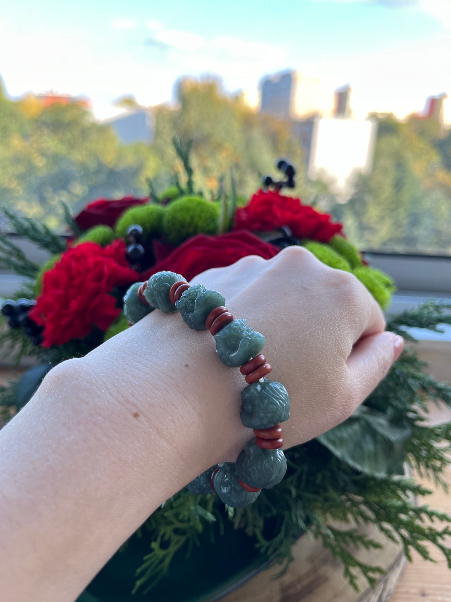 Hand Carved Blue Hetian Jade Lion Dance Head Beaded Bracelet, 醒狮头手串