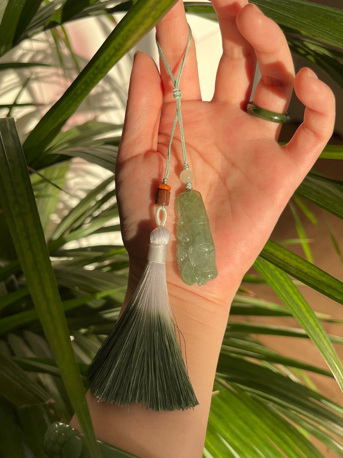 Handmade Bag Charm with a Hand Carved Jadeite Monkey and Bamboo Pendant