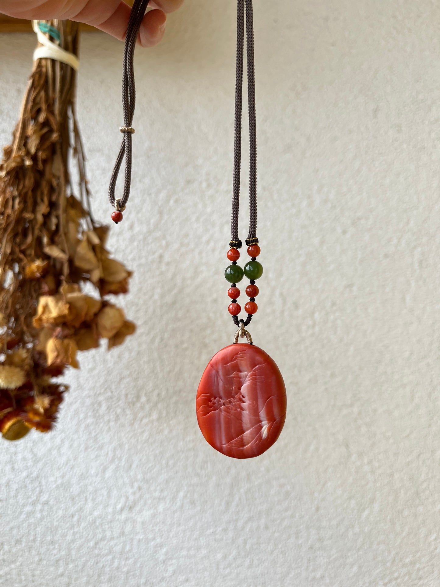 Handmade Necklace with a Hand Carved Nanhong Agate Landscape Pendant, 手雕南红山水