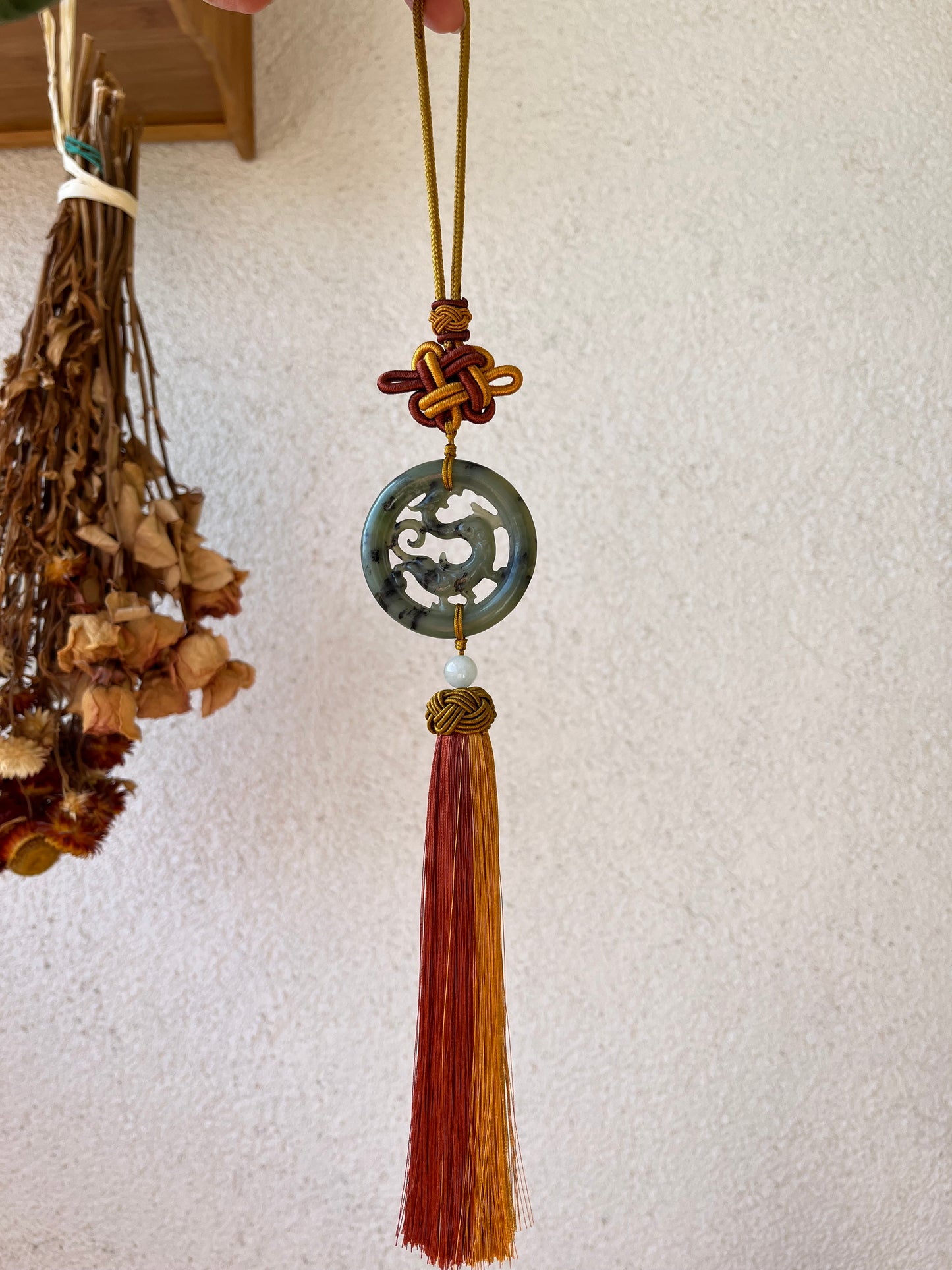 Carved Hetian Jade Chi Dragon Car Hanging,  和田青花螭龙车挂