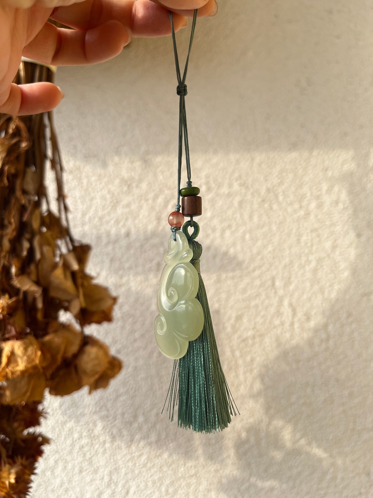 Hand Carved Hetian Jade Ruyi Bag Charm | 手雕和田如意包挂