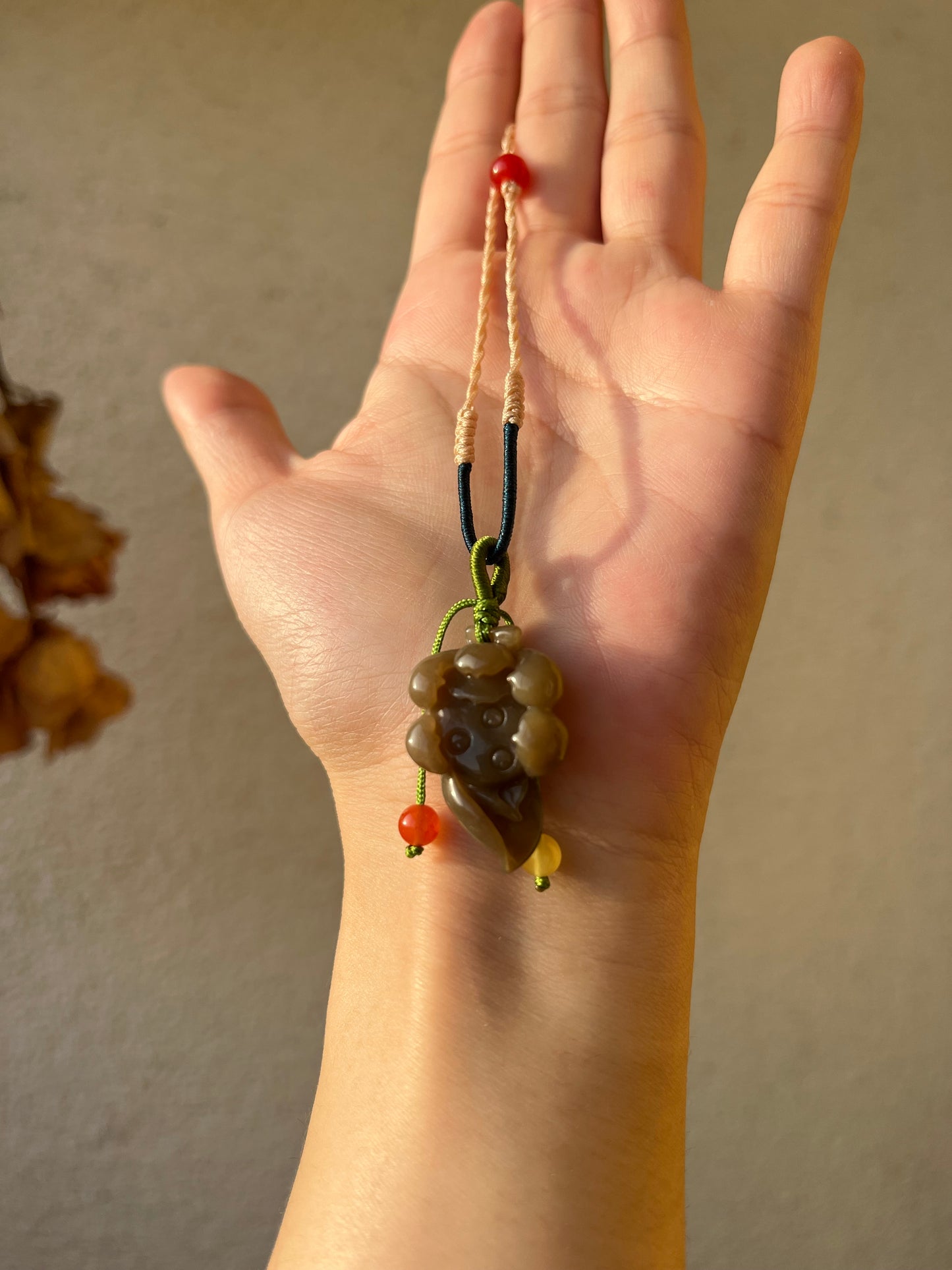 Handmade Necklace with a Hand Carved Brown Hetian Jade Lotus Flower, 手编和田玉小荷花项链