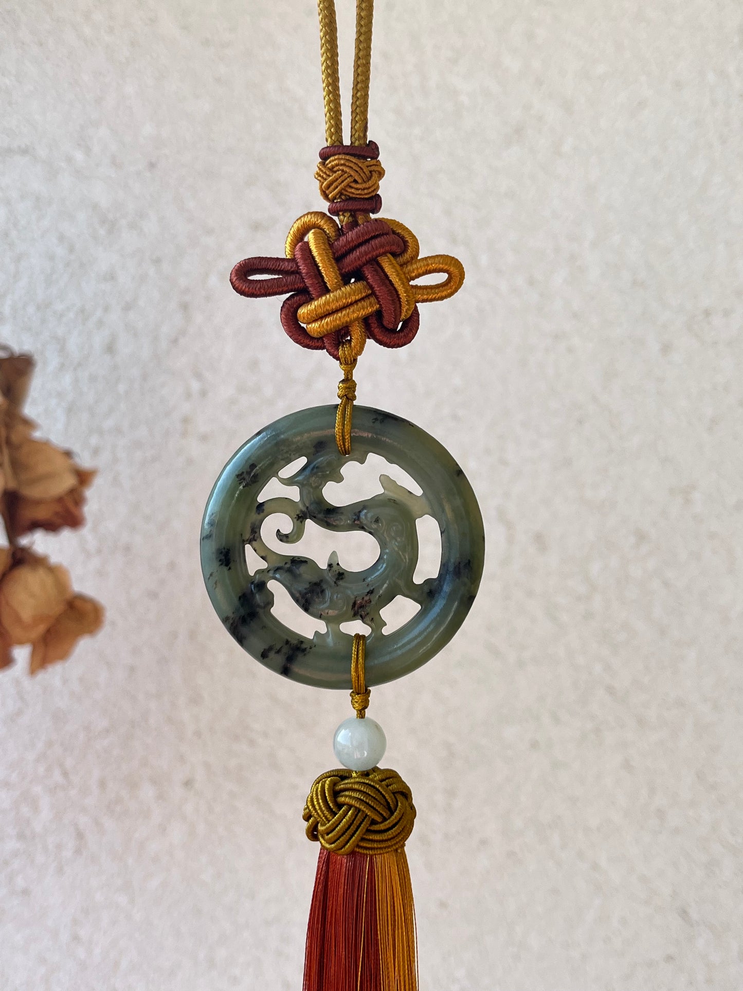 Carved Hetian Jade Chi Dragon Car Hanging,  和田青花螭龙车挂