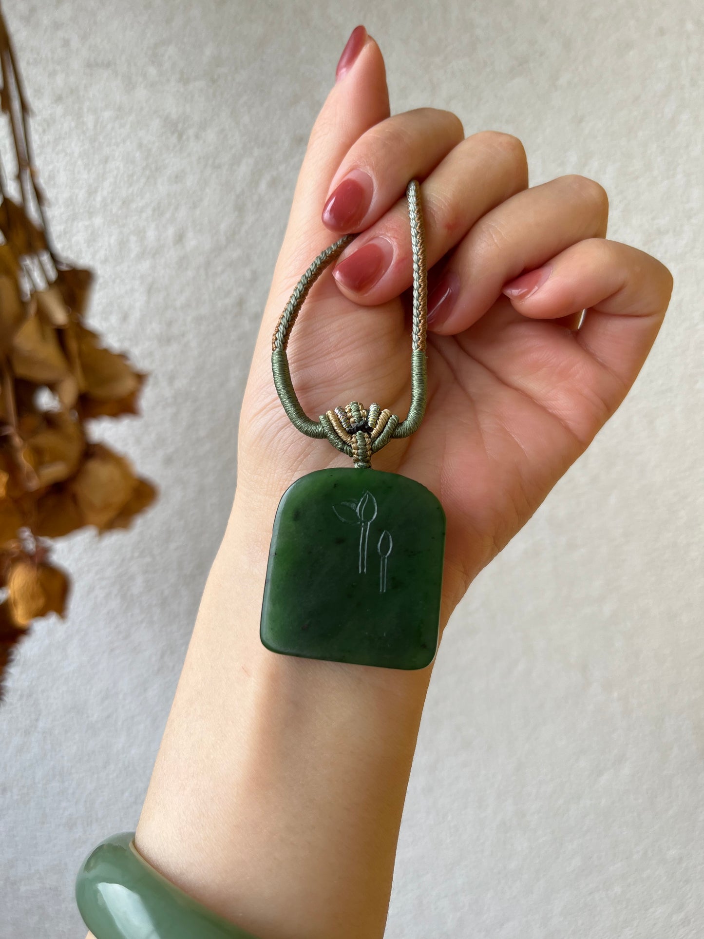 Hand Carved Green Hetian Jade Lotus Pendant | 和田老矿碧玉荷花牌