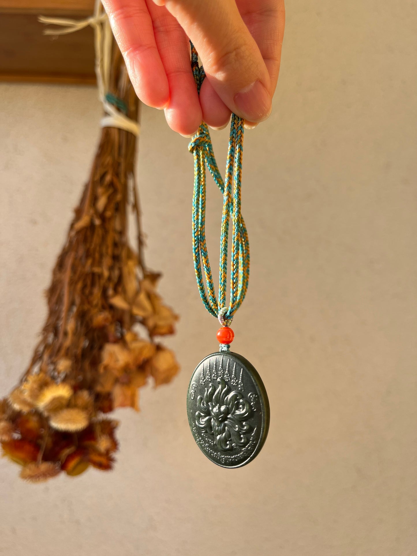 Carved Dark Cyan Hetian Jade Nine-Tailed Fox Pendant, 青玉九尾狐