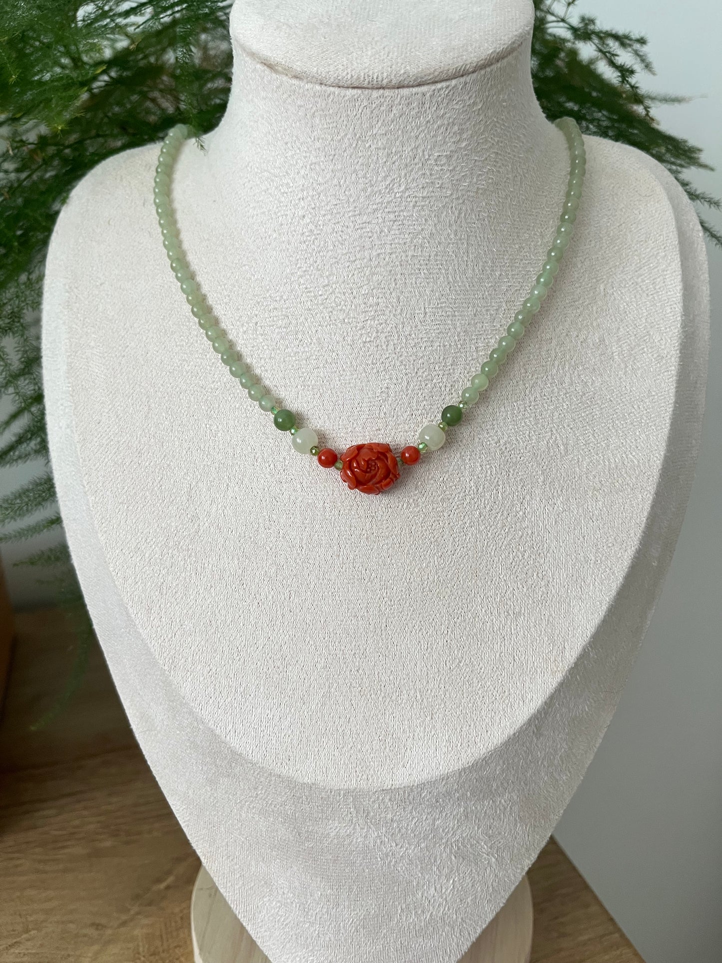 Handmade Necklace with 4mm Nephrite Beads and a Nanhong Agate Peony Flower, 和田冰晴水南红牡丹项链