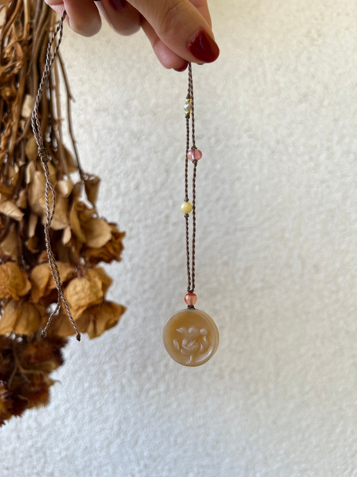 Hand Carved Brown Hetian Jade Lotus and Magpie Pendant