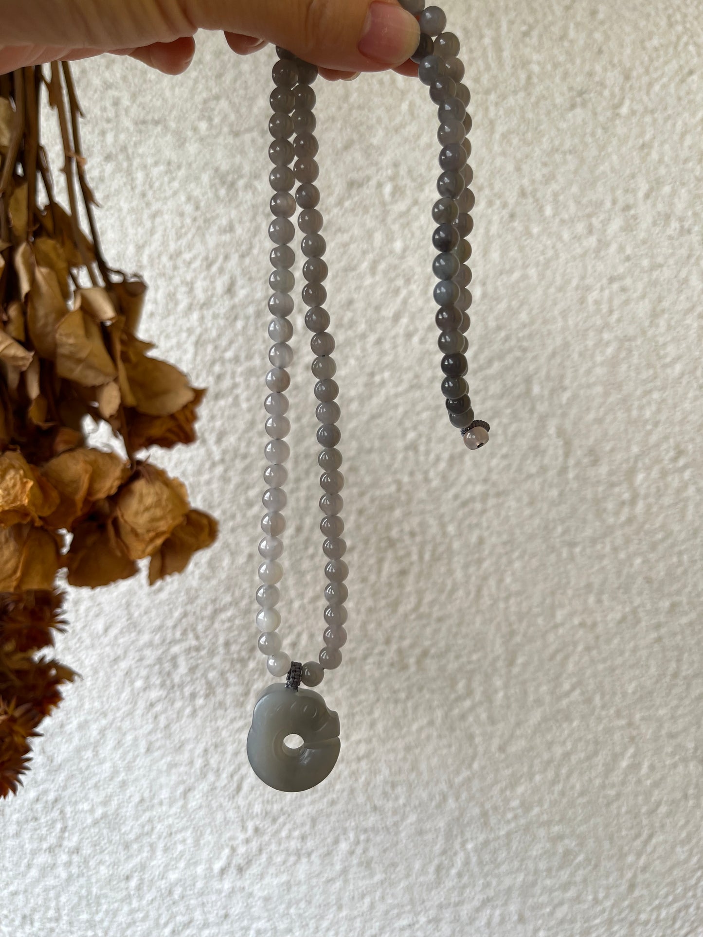 Necklace Crafted from Hetian Jade Smoky Purple Pig Dragon and 6mm Hetian Jade beads