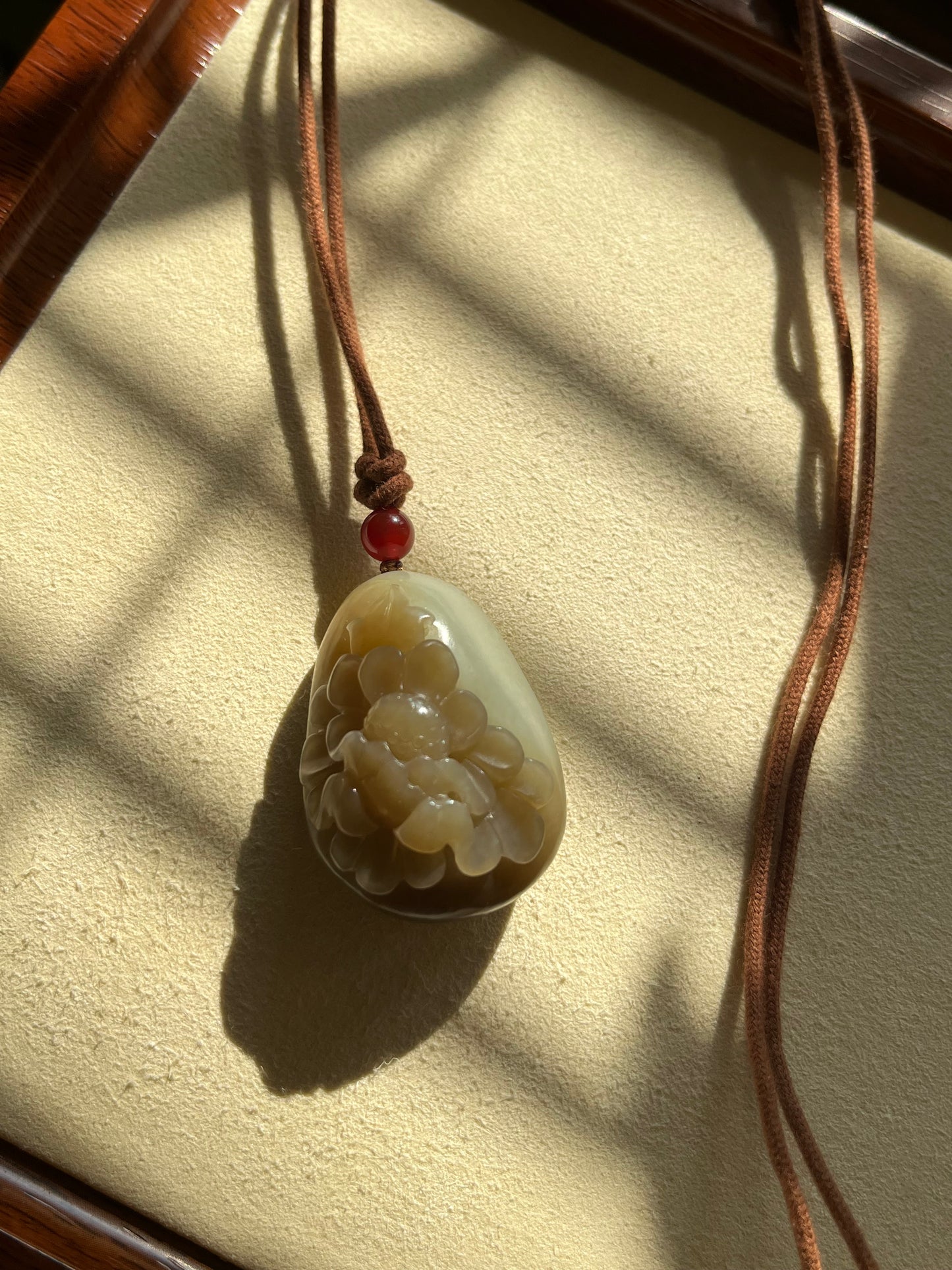 Hand Carved Blue and Brown Hetian Jade Peony Flower Pendant