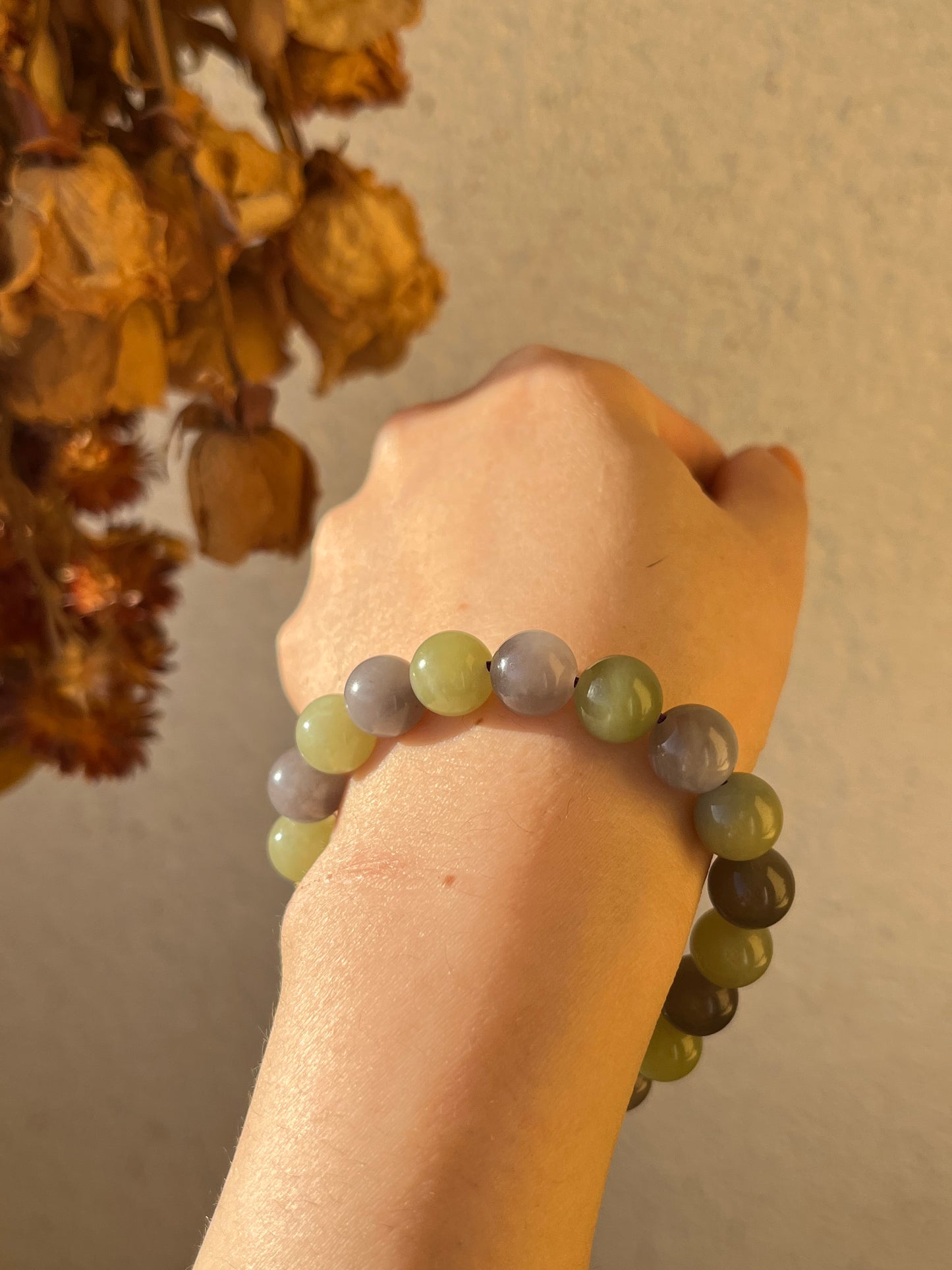 Purple and Green Hetian Jade Beaded Braclet 10mm