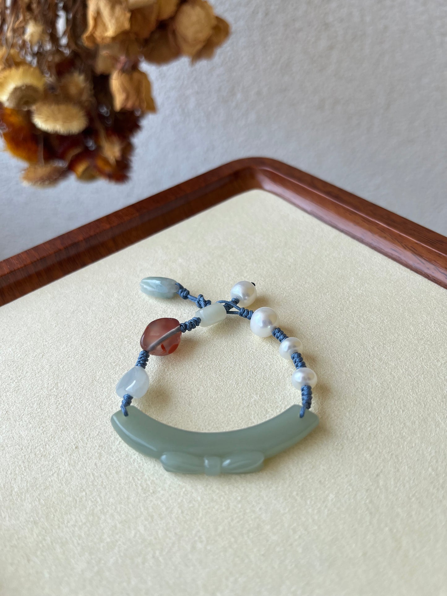 Blue Hetian Jade Bow Bracelet | 设计款和田且末蓝蝴蝶结手绳