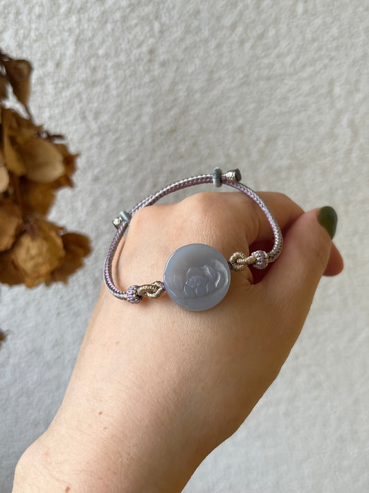 Hand Carved Smoky Purple Hetian Jade Lotus Bracelet | 手雕烟紫荷花手牌