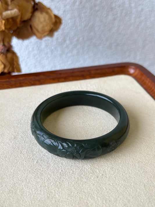 Dark Green Peony Flower Carving Bangle 53mm | 和田深湖水绿牡丹镯