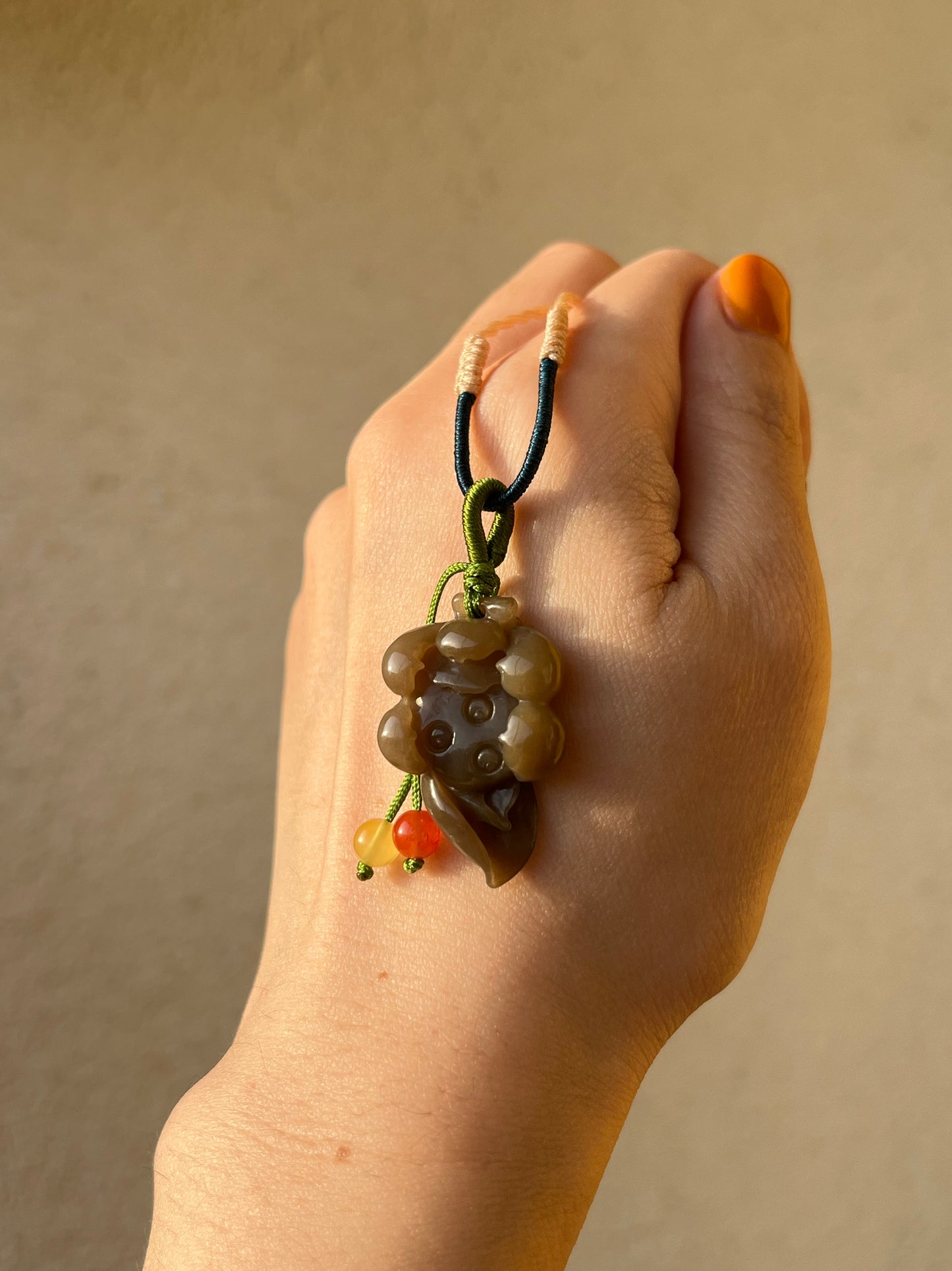 Handmade Necklace with a Hand Carved Brown Hetian Jade Lotus Flower, 手编和田玉小荷花项链