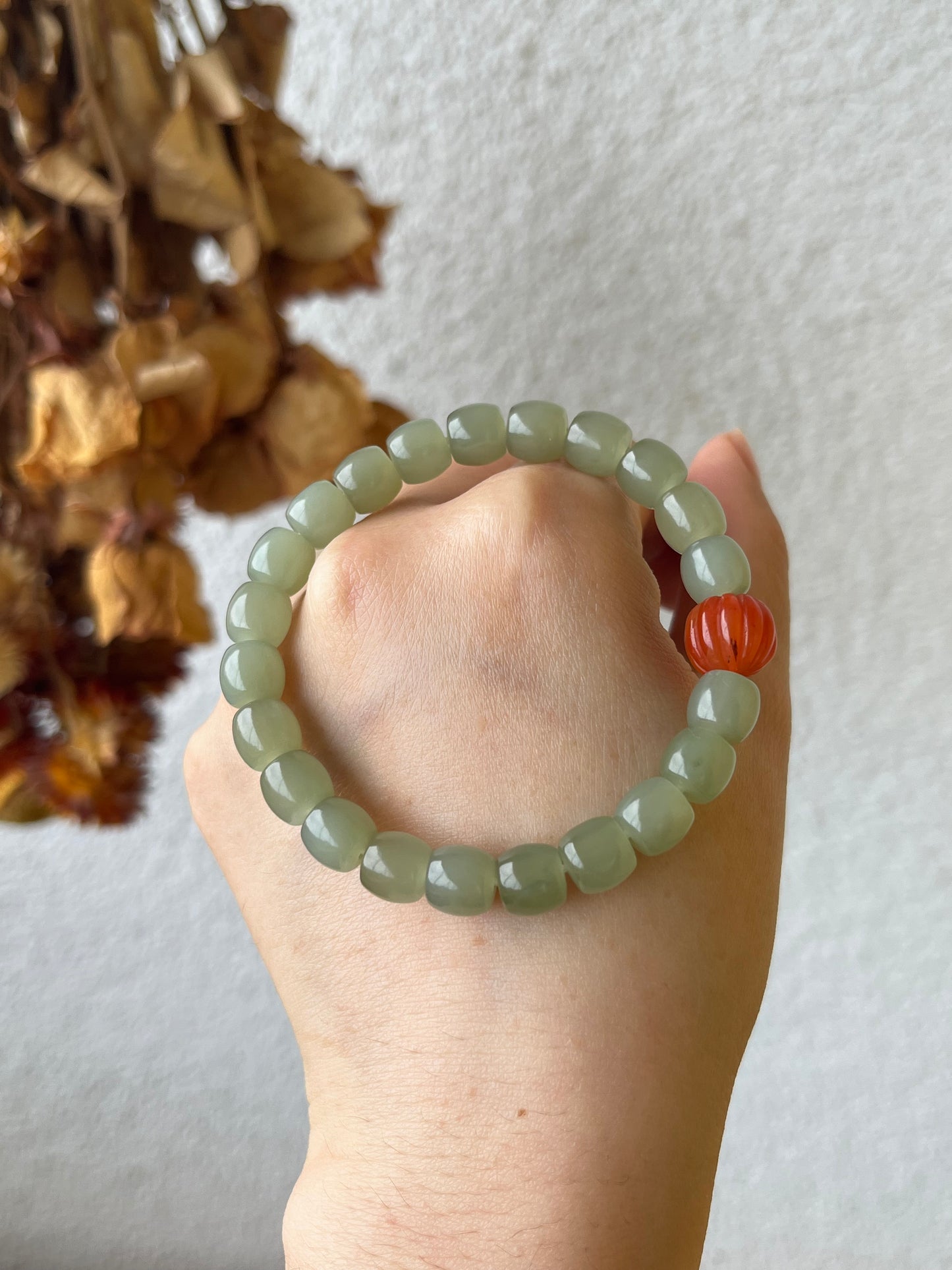 Straight Cut Hetian Jade Beaded Bracelet 8mm x 7mm | 和田晴水直切手串