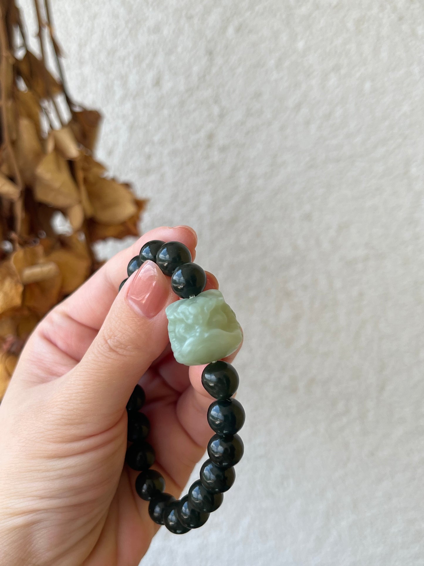 9mm Dark Cyan Hetian Jade Beaded Bracelet with a Blue Hetian Jade Lion Dance Head
