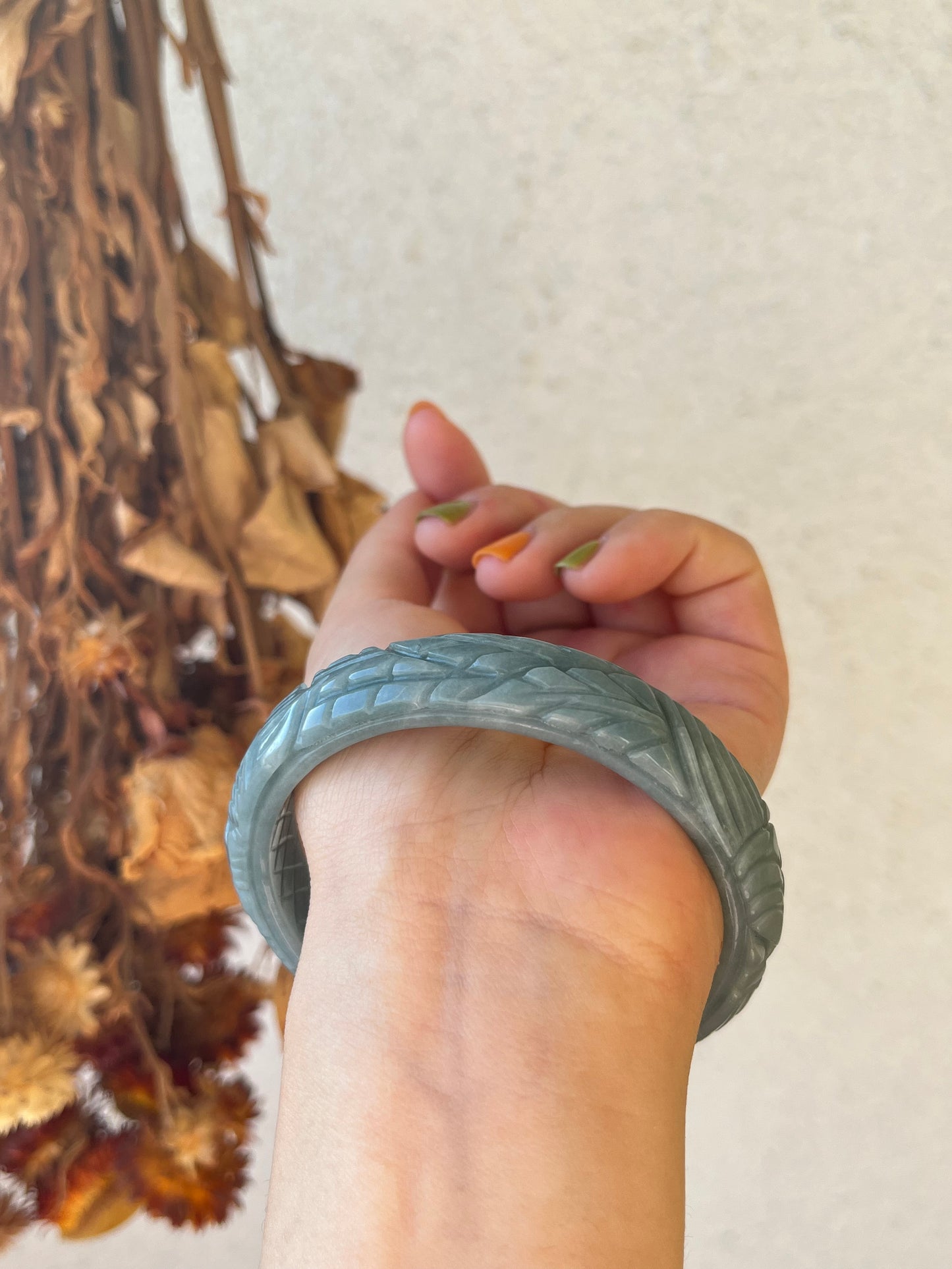 Sky Blue Jadeite Carved Bangle 60mm, Phoenix Motif | 天空蓝翡翠凤凰雕刻手镯