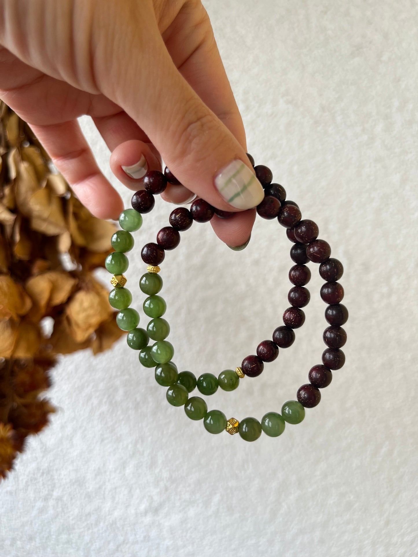 7mm Red Sandalwood and Green Hetian Jade Beaded Bracelet