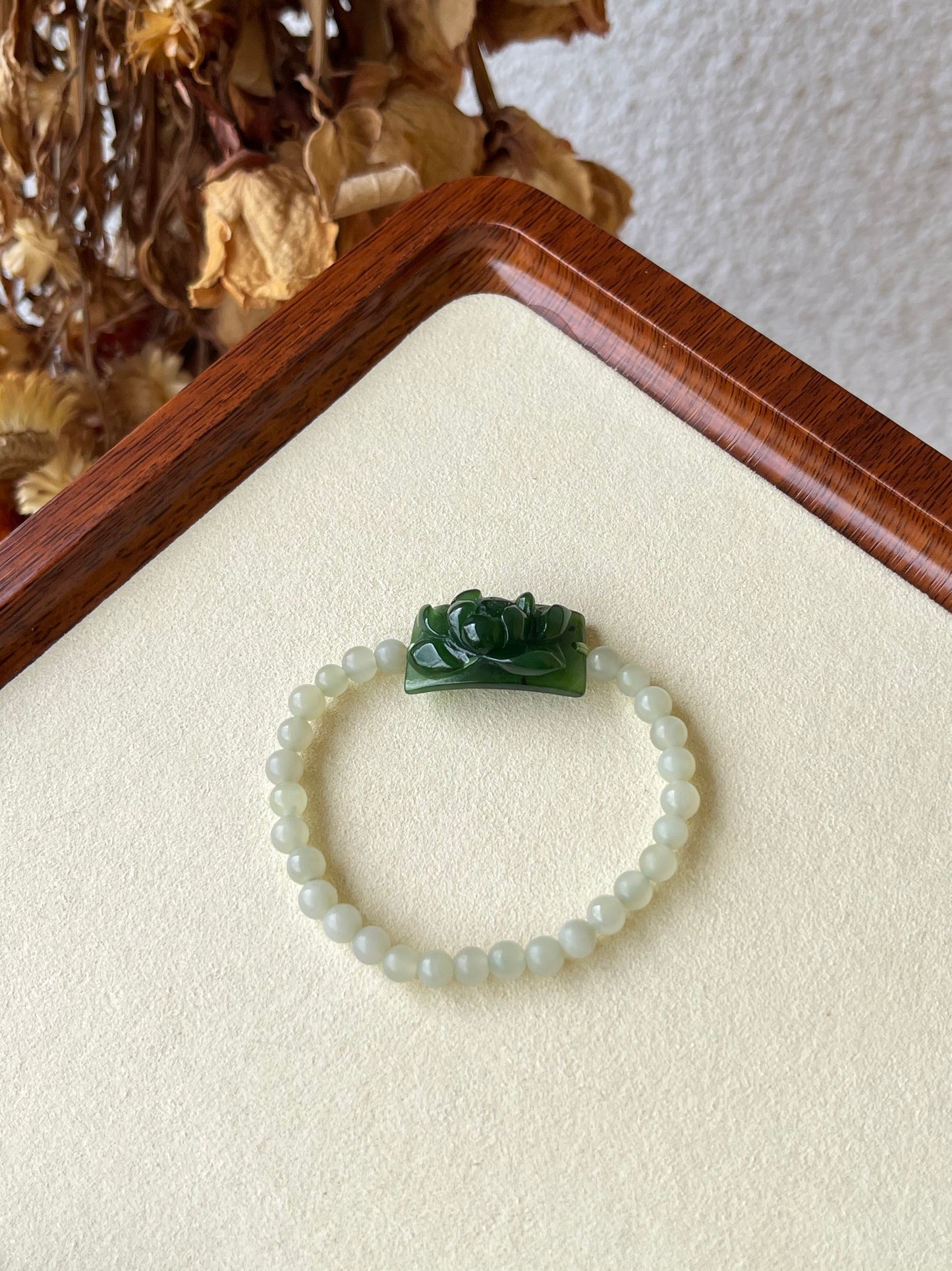 Bracelet Crafted from a Hand Carved Green Hetian Jade Lotus Pendant | 手雕碧玉小荷花手牌