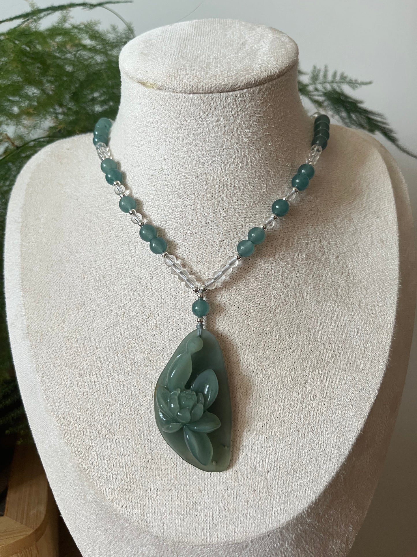 Hand Carved Blue Xiu Jade Lotus Necklace
