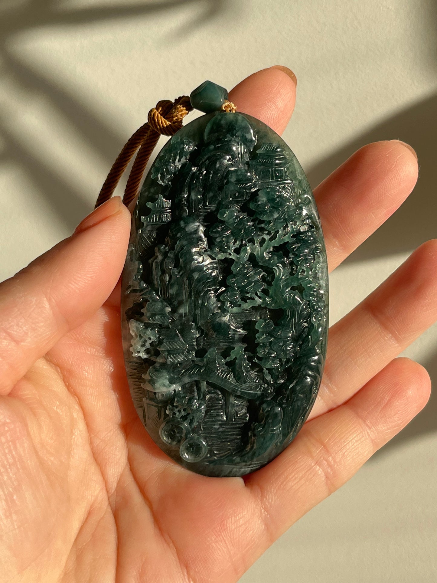 Hand Carved Blue Jadeite Landscape Pendant | 精工蓝水翡翠山水