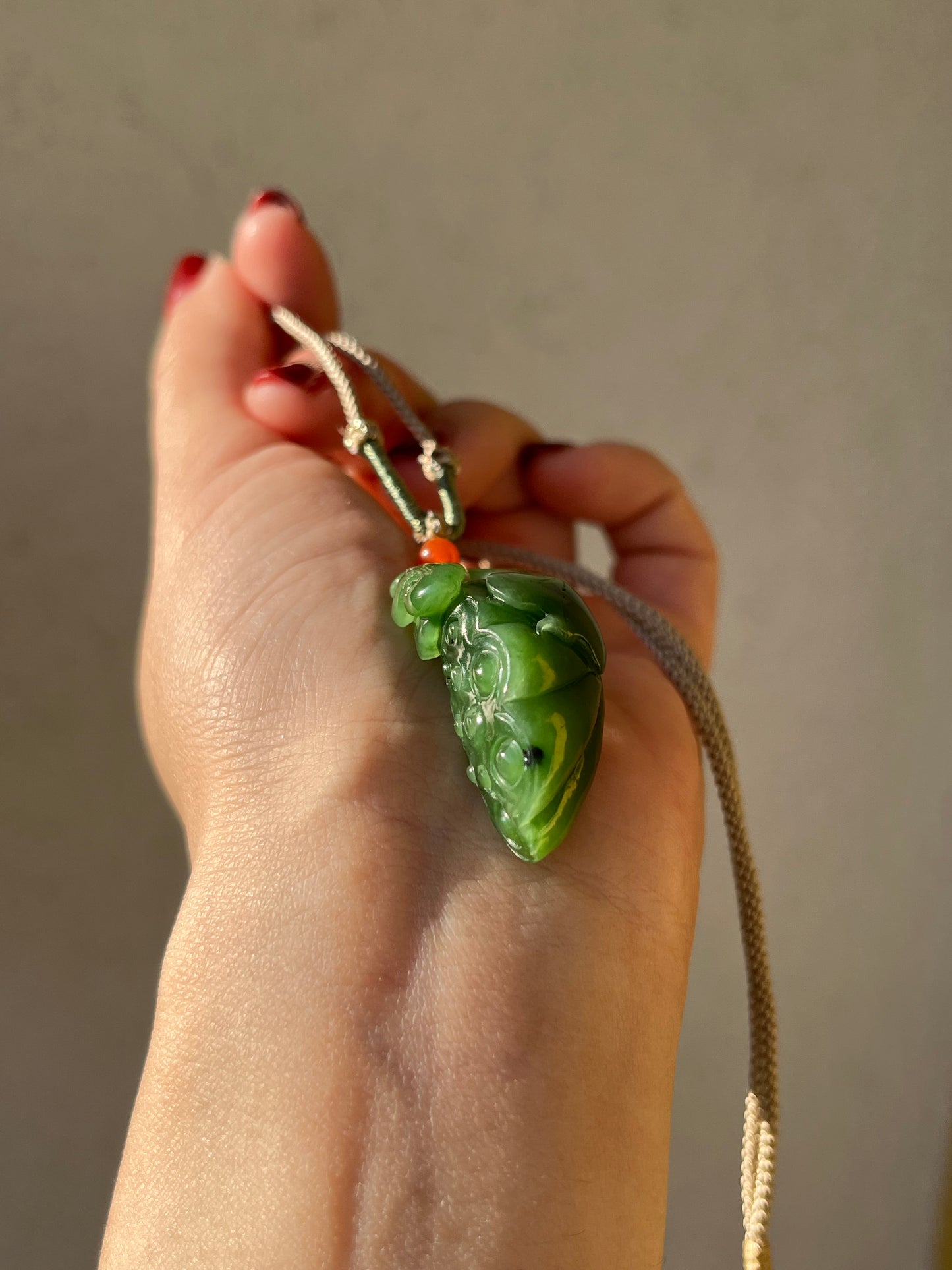 Hand Carved Green Hetian Jade Lotus Pod Pendant,  手雕碧玉如意莲蓬