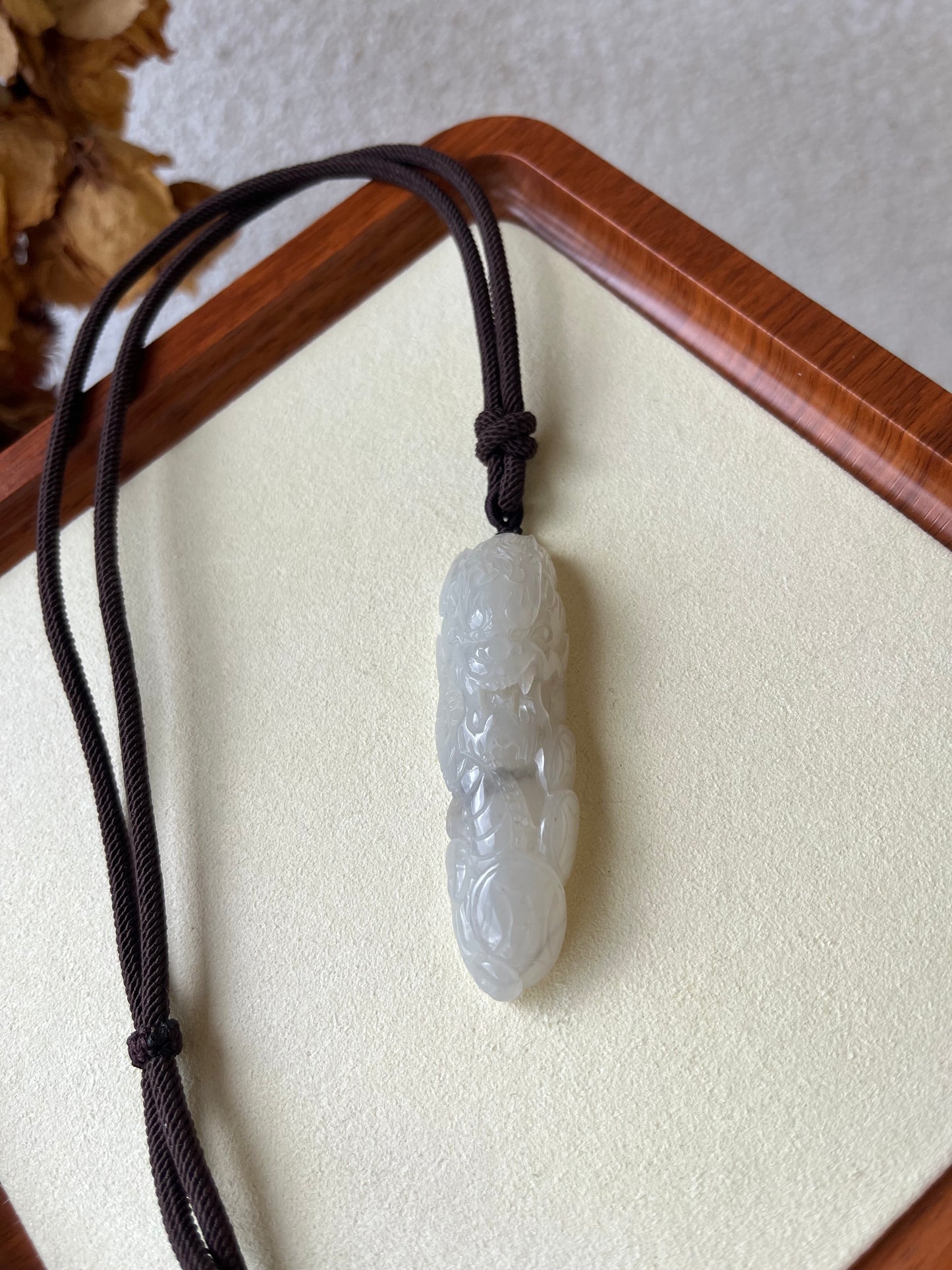 Hand Carved Icy Gray Hetian Jade Dragon Pendant | 手雕和田玉龙牌