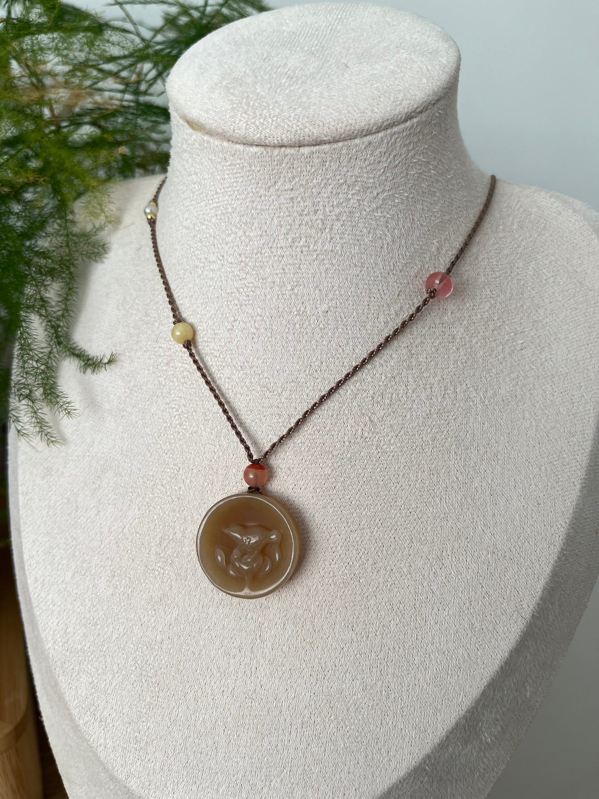 Hand Carved Brown Hetian Jade Lotus and Magpie Pendant