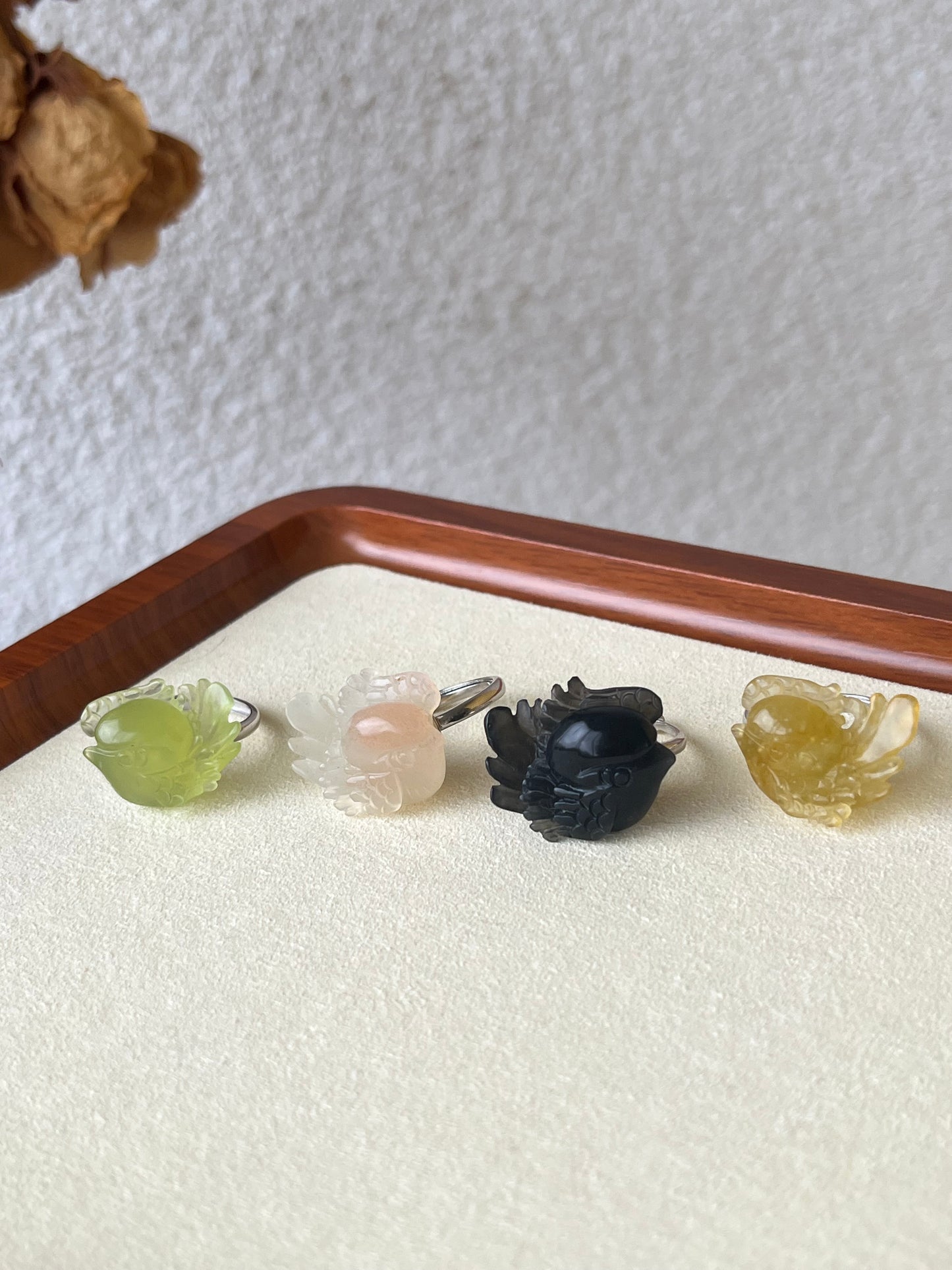 Hand Carved Xiu Jade Magpie Rings