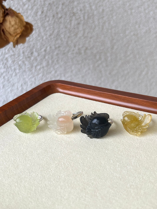 Hand Carved Xiu Jade Magpie Rings
