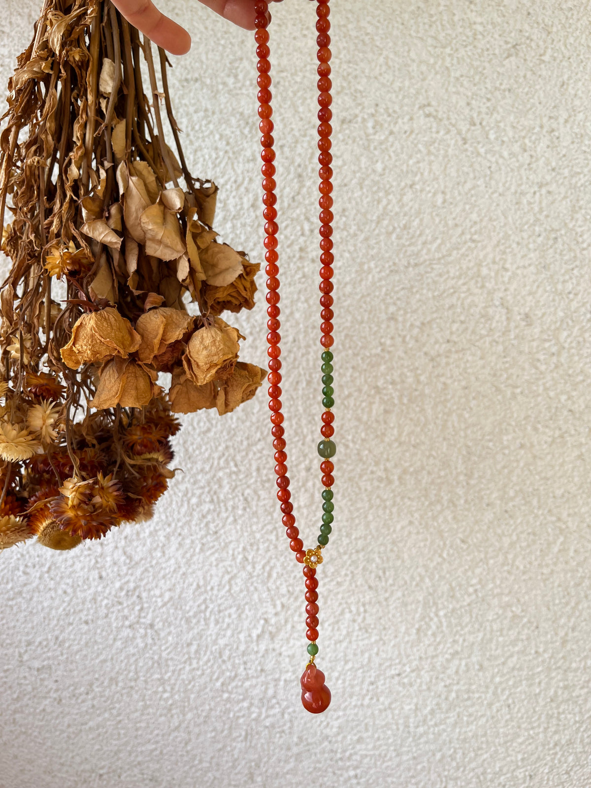 6mm Nanhong Agate and Green Hetian Jade Beaded Necklace